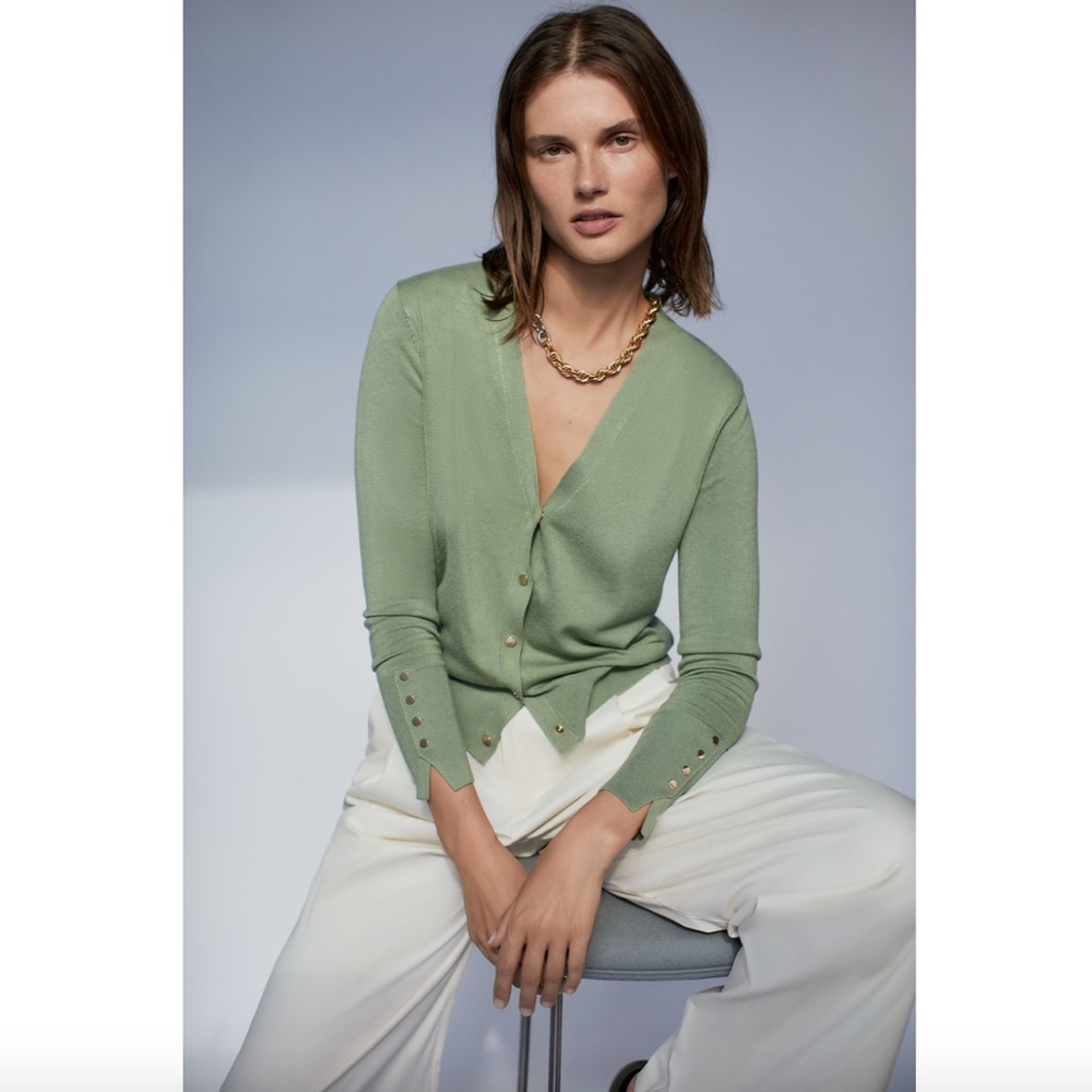 Zara Light Sage Green V-Neck Button Cardigan